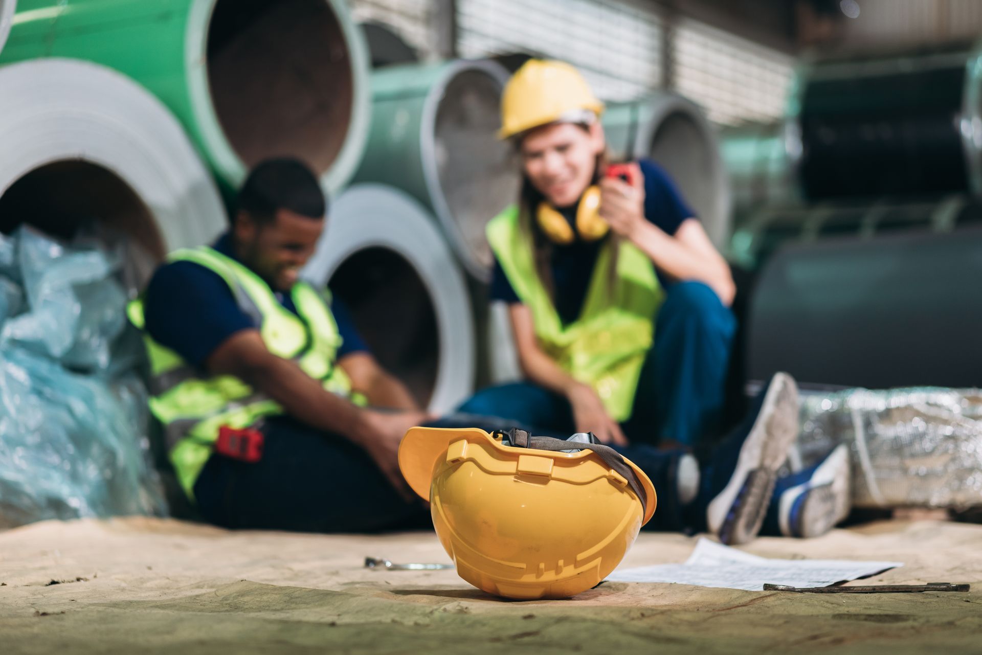 A man and a woman are sitting on the ground next to a hard hat.