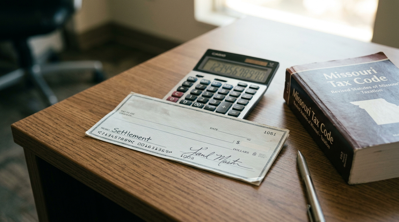 A signed settlement check, a calculator, and a Missouri tax code document representing the taxability of personal injury awards.