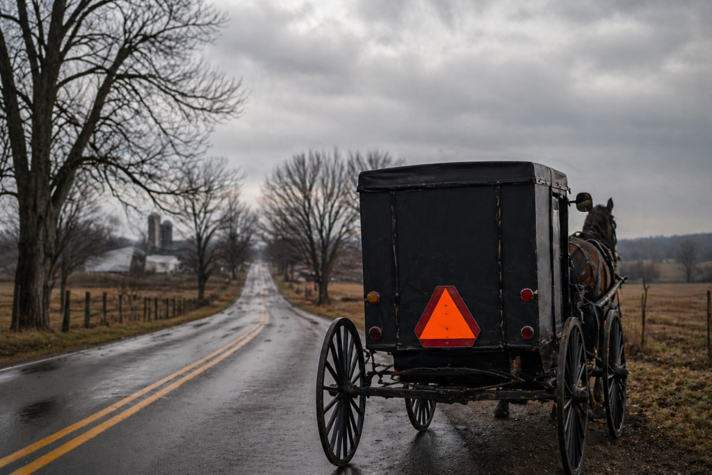 Rural buggy on quiet road symbolizes strict Missouri legal deadlines, where missing one-year survival claim filing can forfeit injury-related compensation rights.