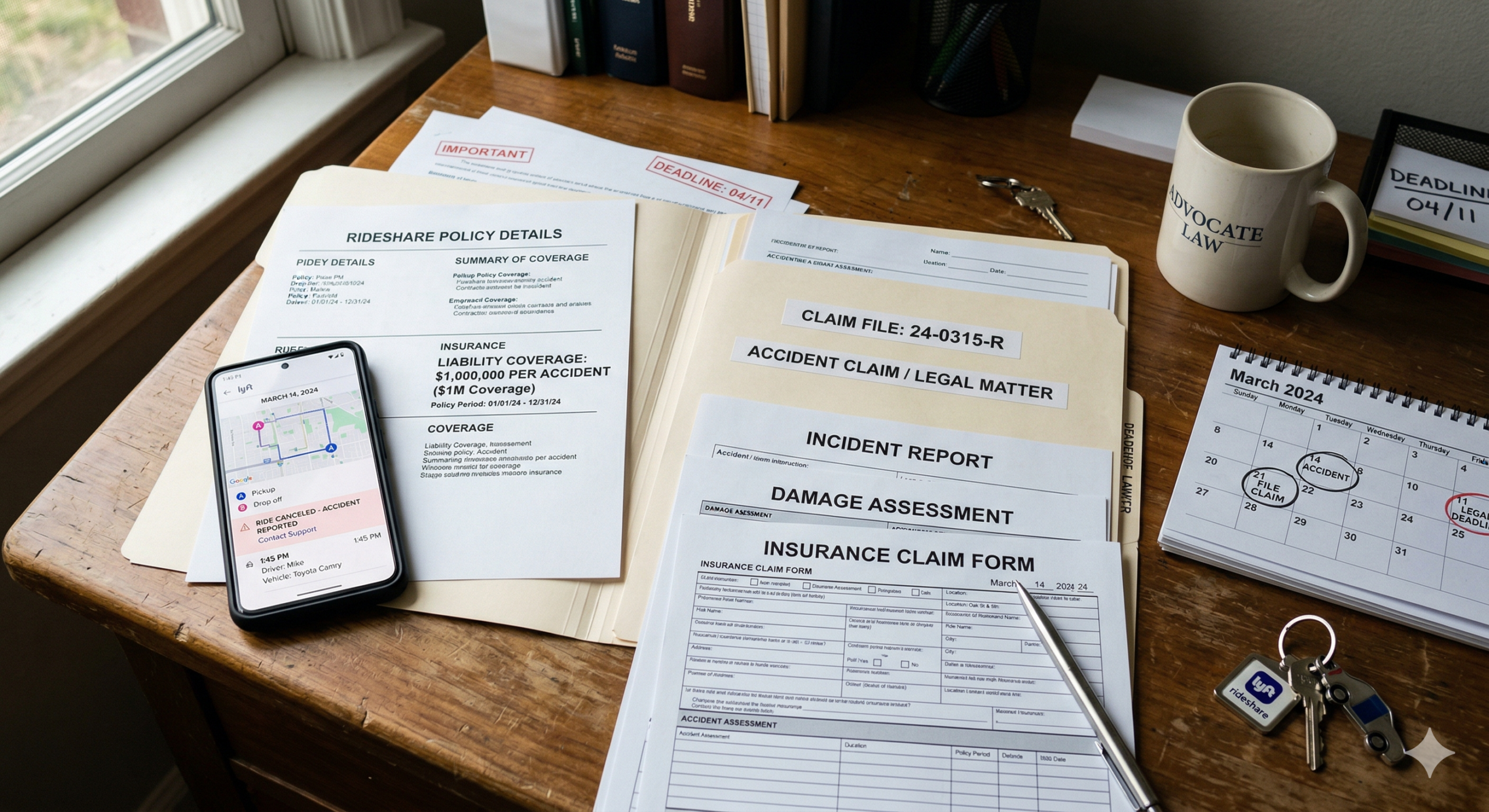 Rideshare accident claim showing insurance coverage, app screen, and legal documents in Missouri.