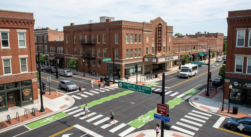 Aerial view of a Missouri intersection in Columbia’s District featuring red-brick buildings, crosswalks, and a theater marquee for legal context.