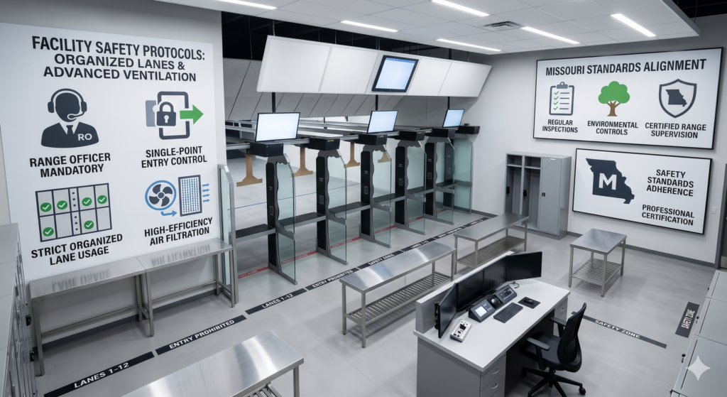 A professional, empty Missouri shooting range facility with clean lanes and extensive safety signage, emphasizing organizational standards and risk management.