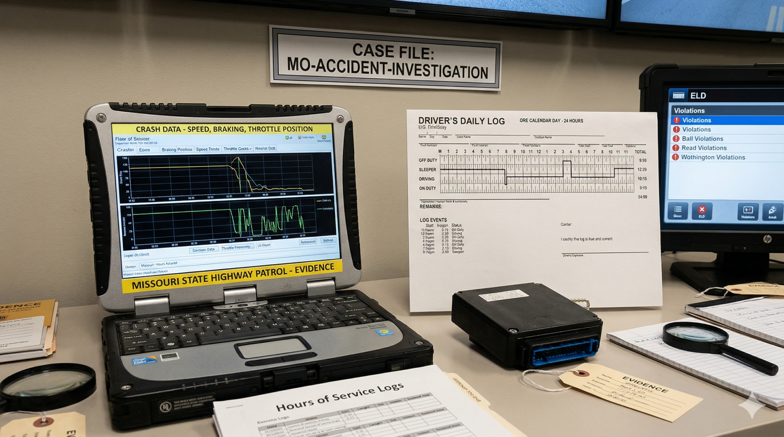Truck accident investigation showing black box data and hours of service logs as evidence in Missouri case.
