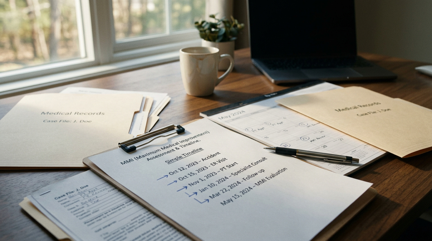 Car accident claim timeline with medical records and MMI document before settlement.