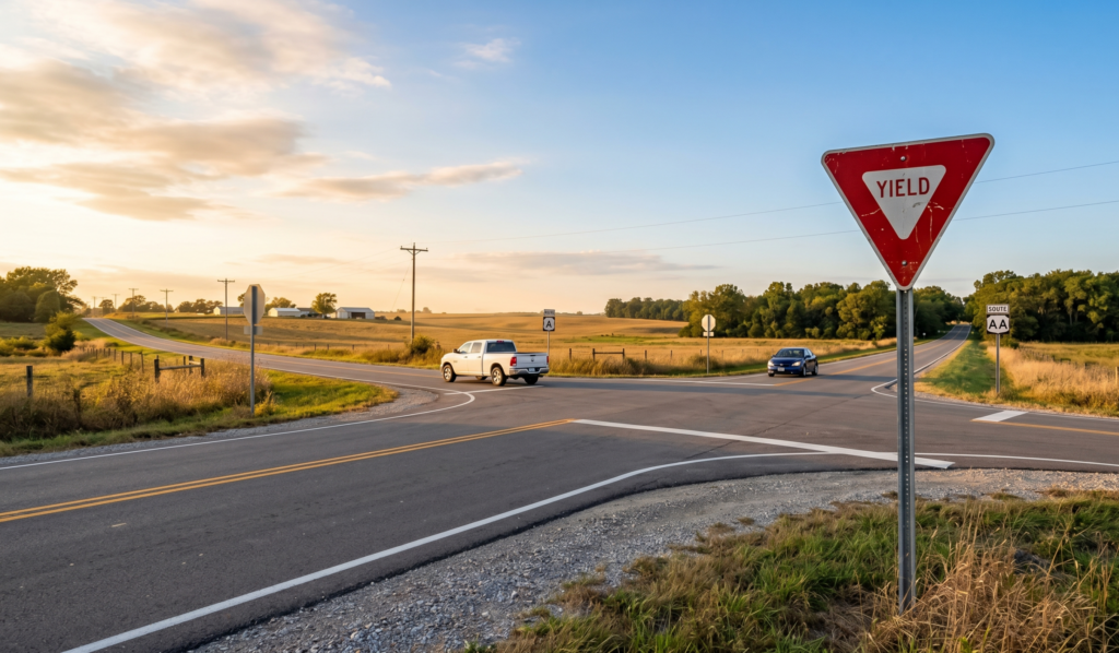 Rural Missouri highway intersection at Route AA featuring a visible Yield sign, the location of a recent failure-to-yield car accident near Moberly.