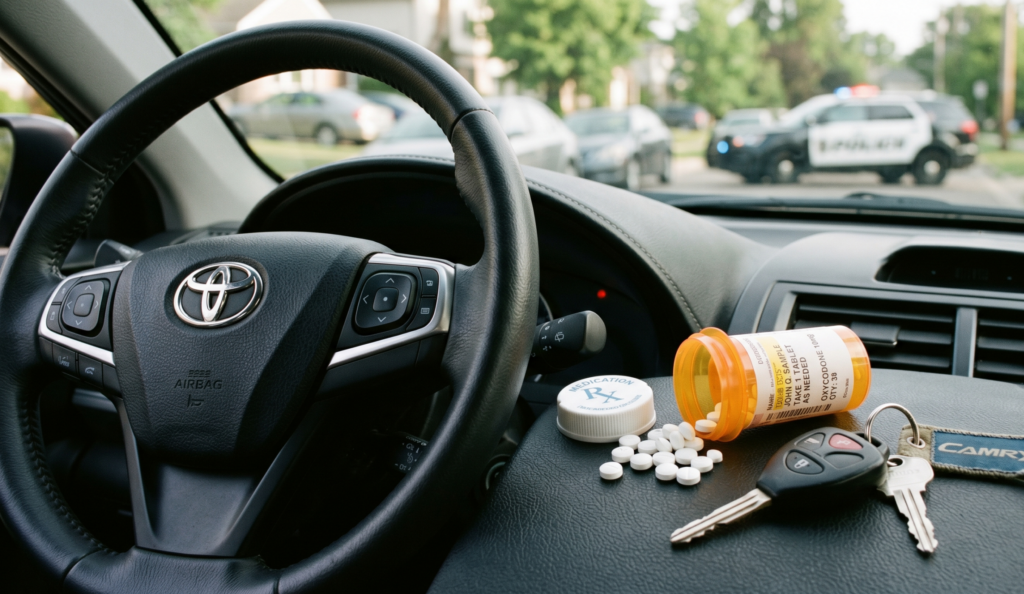Interior view of a Toyota vehicle with a steering wheel and a spilled open prescription medication bottle on the dashboard, with a police car visible in the background through the windshield.