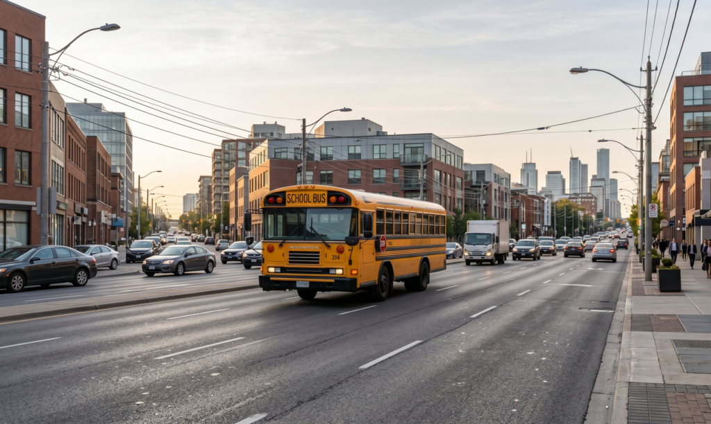 A yellow school bus driving on a busy multi-lane city street, illustrating Missouri school bus safety regulations and legal options for families in Blue Springs