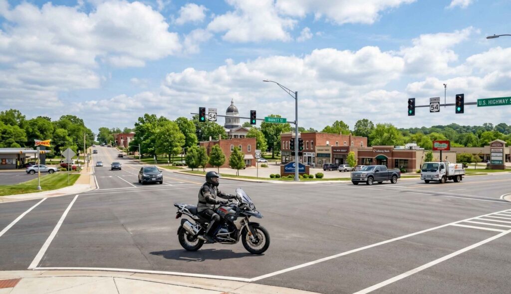 Fulton motorcycle accident lawyer - motorcyclist riding through Business 54 and Highway 54 intersection in Fulton MO